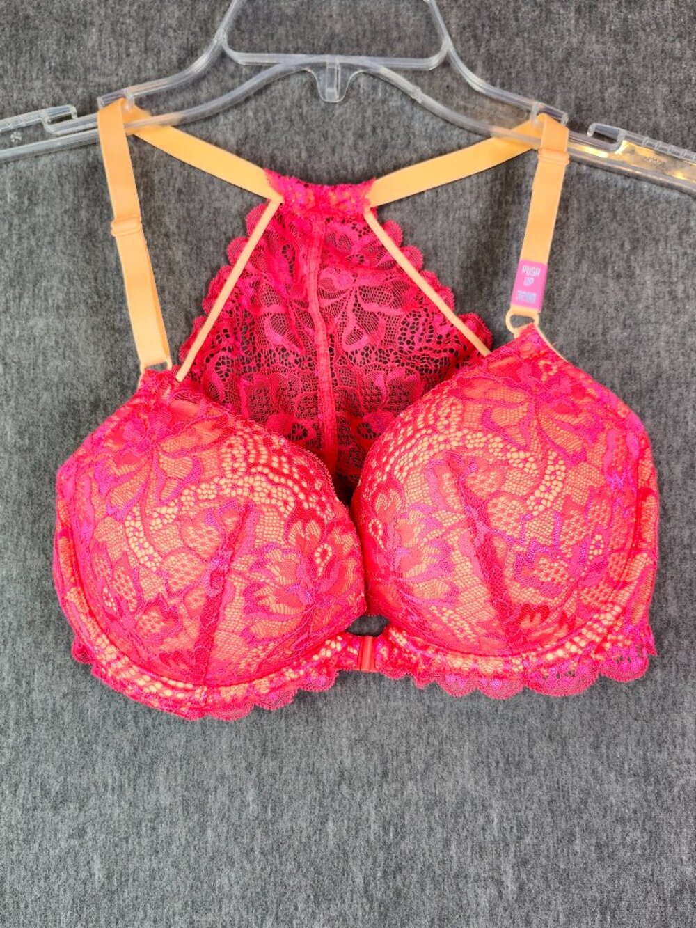 Victoria’s Secret PINK Date Racerback Women’s Push-up Bra Sz 32DD Lace Hot Pink